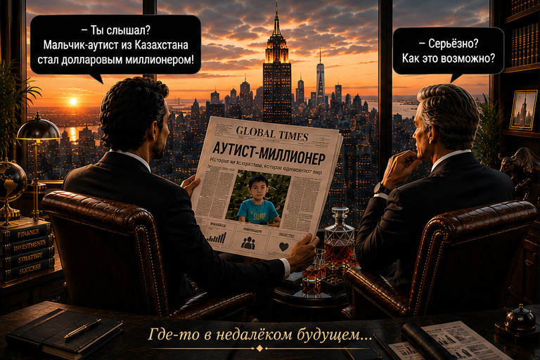 Два бизнесмена обсуждают газетную статью «Аутист миллионер» на фоне вечернего города